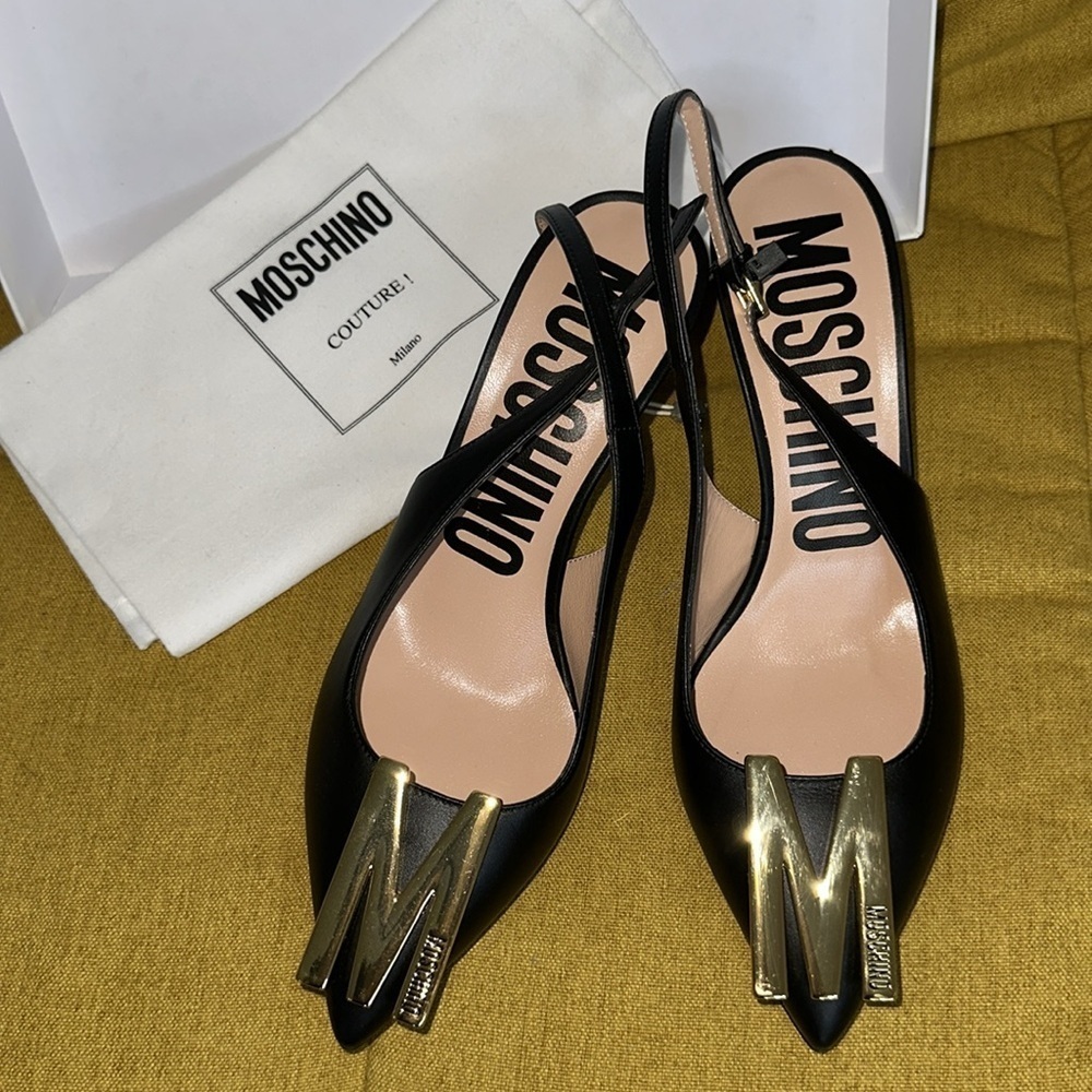 MOSCHINO Couture Gold Logo Black Leather Slingback Pumps Sz. 39 NEW! - Picture 6 of 9